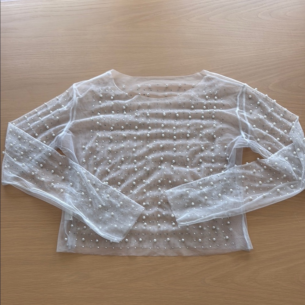 Amazon White Embellished Crop Blouse Long Sleeve